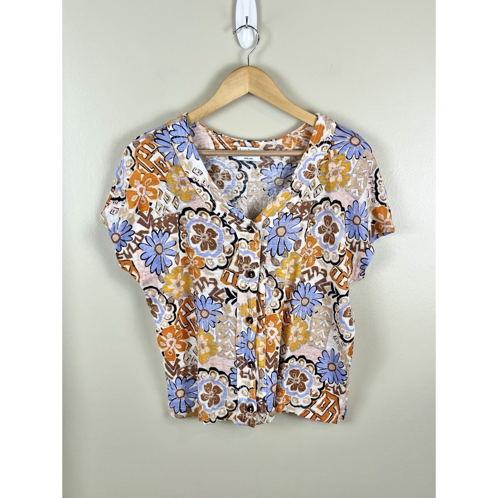Nicole Miller Womens Sz Lg? 100% Linen Button Up Top Shirt V Neck Floral Boho